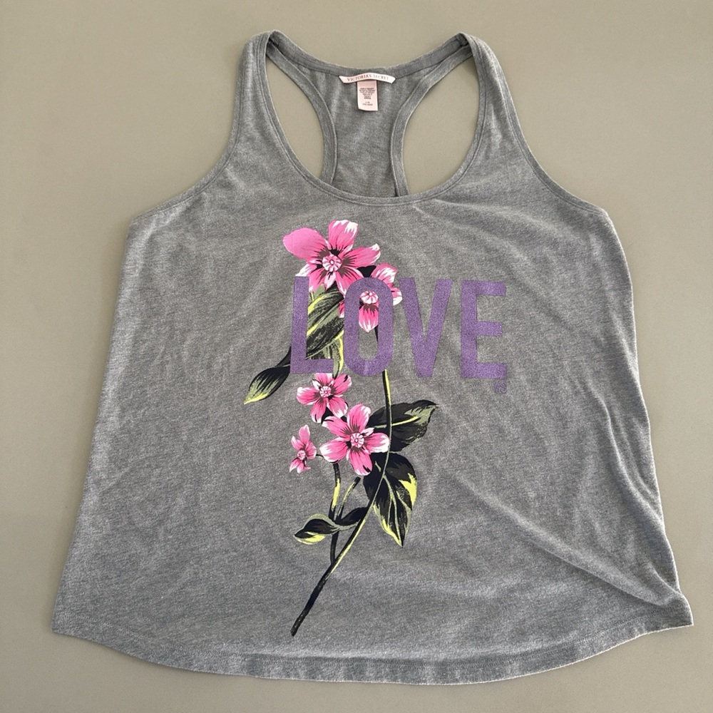 Victoria's Secret Gray Racerback Tank with Pink Floral 'LOVE' Graphic Summer
